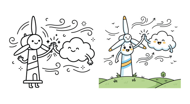 Cute wind turbine and cloud character high five illustration