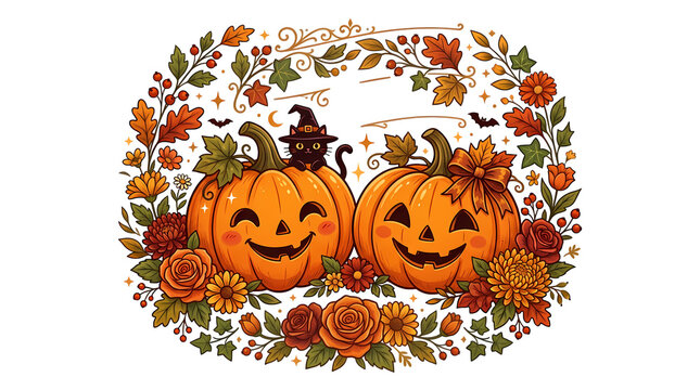 Two cute smiling pumpkins with bow and witch hat surrounded by autumn leaves flowers black cat halloween decoration.