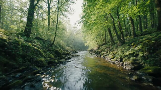 Serene forest stream flowing through lush green trees with dappled sunlight creating a peaceful natural landscape
