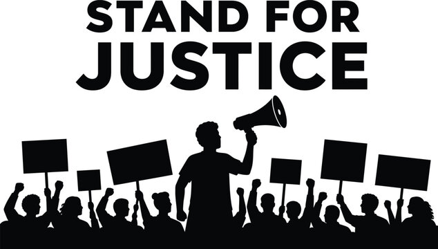 Stand for Justice protest silhouette, activist with megaphone leading crowd, social justice demonstration with placards and banners vector