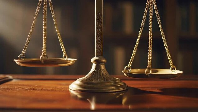 Symbol of Justice: A close-up shot of a vintage brass scale of justice, illuminated by a dramatic ray of light, sits on a polished wooden desk, symbolizing law and fairness.