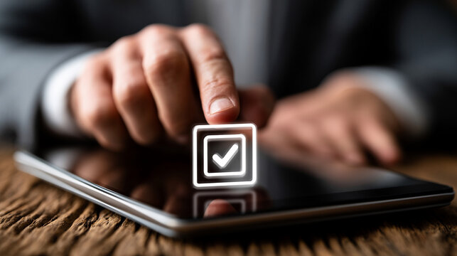 Businessman touches a bright glowing checkmark icon hovering above a sleek tablet screen to signify the completion of a digital task and the implementation of a new operational business strategy.