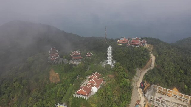 B&agrave; N&agrave; Hills Resort Aerial View: Golden Bridge, Giant Buddha Statue, French Village & Panoramic Da Nang Cityscape, Vietnam