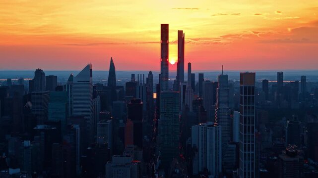 Going up over the dark cityscape with gorgeous high-rise architecture. Setting sun among two skyscrapers. New York City, USA.
