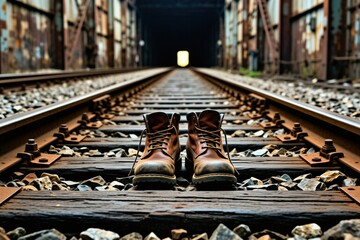 Naklejka premium Brown leather boots stand on train tracks. Shoes face a dark tunnel suggesting a life journey or new direction. Railroad ties and gravel fill the foreground.