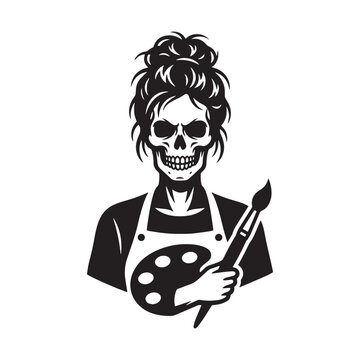 Textless Haunted Woman Artist Silhouette, Thick Black Halloween Painter Clipart Vector