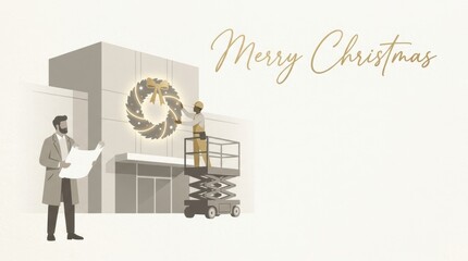 Obraz premium Commercial building decorated with a festive Christmas wreath and holiday greeting