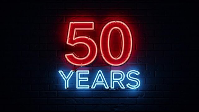 Glowing 50th birthday neon sign with flickering light effect
