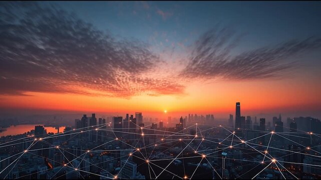 abstract cloud social media innovative cyber security network, using interconnected nodes to represent business partnerships on the Smart digital Innovation city with connection network reciprocity ov