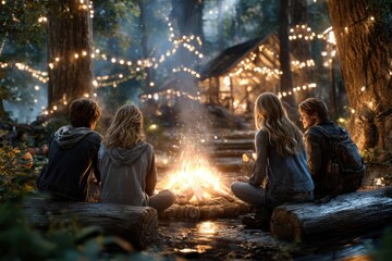 Fototapeta premium Campfire gathering creates a warm evening atmosphere in a forest setting with friends
