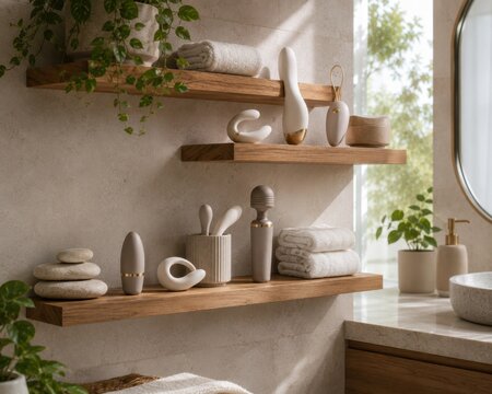 Nude and taupe intimate product collection beautifully styled on wooden floating shelves in bright spa bathroom. Concept of quiet luxury, boutique retail display, and personal care.
