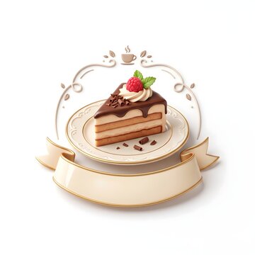 3D render illustration of chocolate cake slice logo with blank ribbon banner