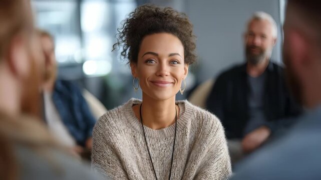 A young woman with curly hair and a cozy sweater sits confidently at a group therapy meeting, radiating positivity. The modern office setting and supportive group create a welcoming atmosphere
