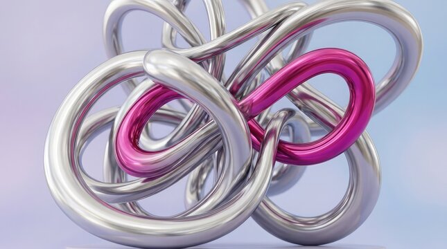 Abstract silver and pink interlocking loops modern 3d render