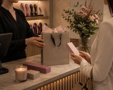 Store assistant handing paper gift bag to woman at luxury wellness boutique checkout counter. Concept of premium adult retail, customer experience, and discreet shopping.