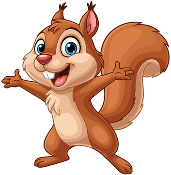 Cute cartoon brown squirrel standing with open arms, happy smiling face, bushy tail, forest wildlife character mascot vector illustration concept.
