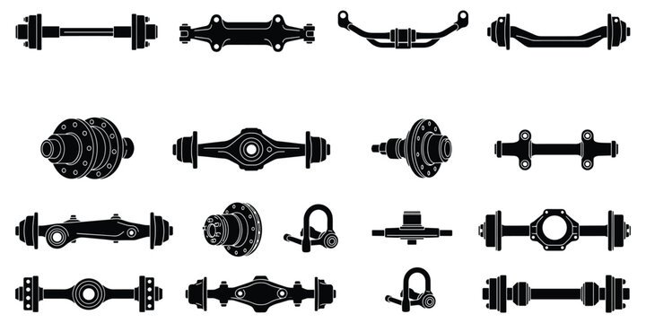 Automotive axle silhouette collection, differential housing parts, vehicle suspension components, mechanical engineering design elements, flat vector illustration
