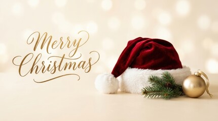 Obraz premium Elegant Merry Christmas greeting with Santa hat and golden ornament