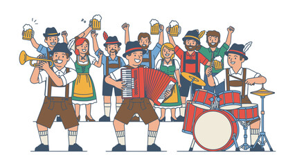 Bavarian Celebration Illustration: A lively cartoon depicts a group of people in traditional Bavarian attire enjoying a festive celebration, complete with music and beer. © abidakhatun