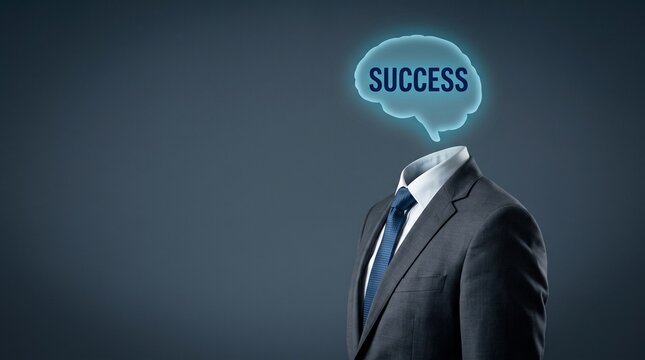 Conceptual success mindset illustration, headless businessman with glowing brain icon, professional business achievement and mental power concept