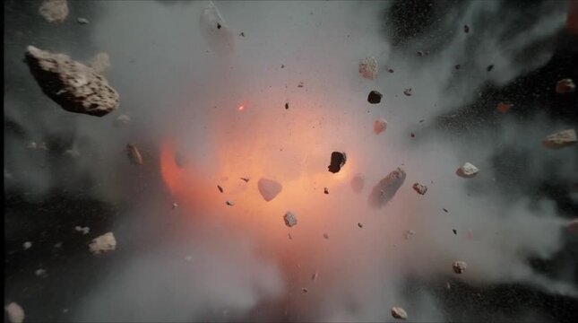 Stone Rock and Dust Explosion with Flying Debris Isolated on Black Background Slow Motion Explosion Effect