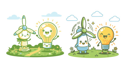 Fototapeta premium Cute cartoon wind turbine and light bulb characters as green energy concepts