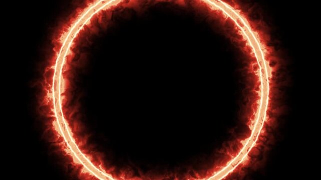 Glowing red fire circular ring border isolated on black background
