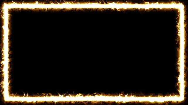 Luminous golden yellow fire rectangular frame border on black background