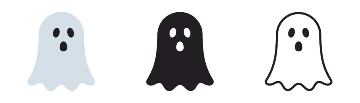 Three cartoon ghosts floating side by side with different expressions