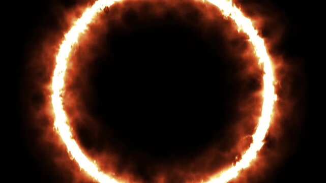 Bright orange and yellow fire circular ring border on black background