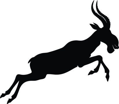 Sable antelope silhouette vector, jumping african gazelle black profile, wild animal jumping motion graphic, horned impala safari wildlife icon
