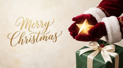 Obraz premium Santa Claus hands holding a glowing star above a Christmas gift box