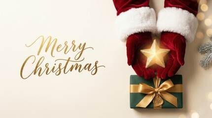 Obraz premium Santa's gloved hands hold a glowing star above a festive gift box