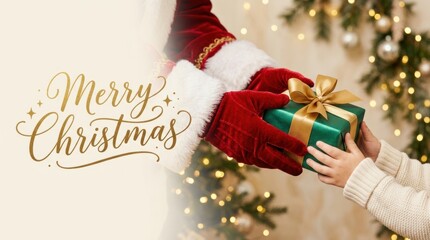 Obraz premium Festive moment of gift giving during Christmas celebrations with cheerful atmosphere