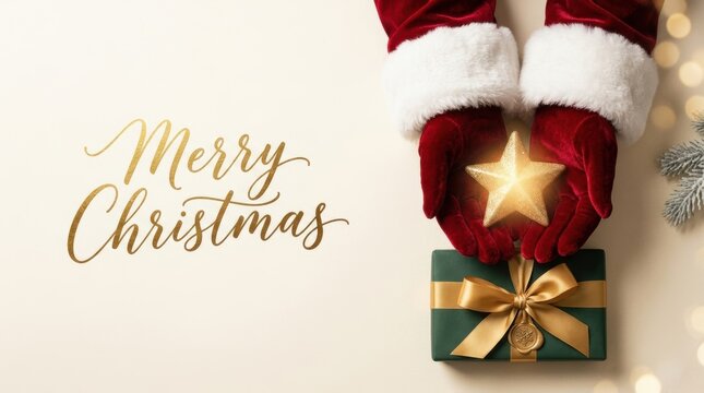 Santa's gloved hands hold a glowing star above a festive gift box
