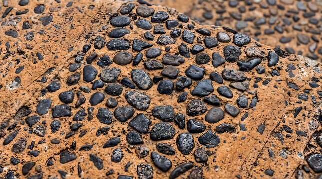 Warm ochre concrete surface with embedded dark granite pebbles