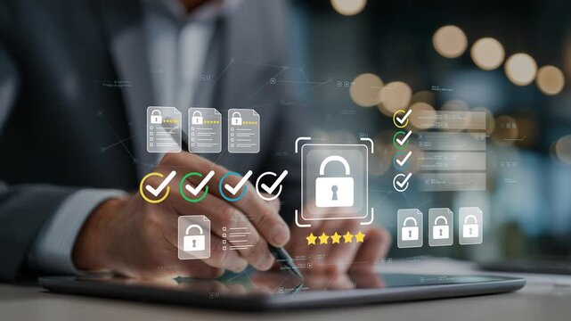 Business professional reviewing secure documents with animated cybersecurity interface, compliance dashboard and enterprise information security platform