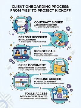 Client onboarding process infographic from contract to project kickoff