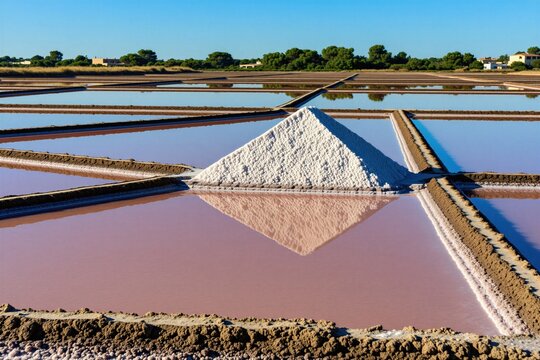 Large white salt pile stands inside rectangular pool at Majorca salt works. Clear blue sky reflects in pink saline water basin. Scenic landscape shows traditional sea mineral extraction in sunny day.