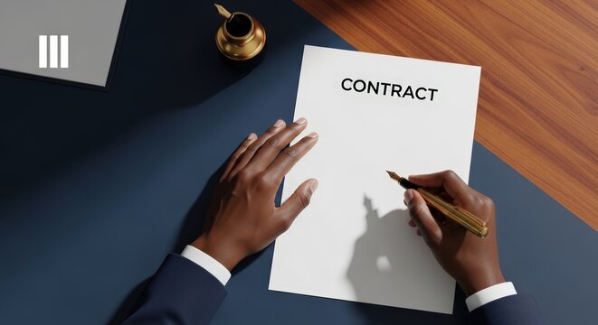 Overhead view of a person signing a contract on a dark desk.