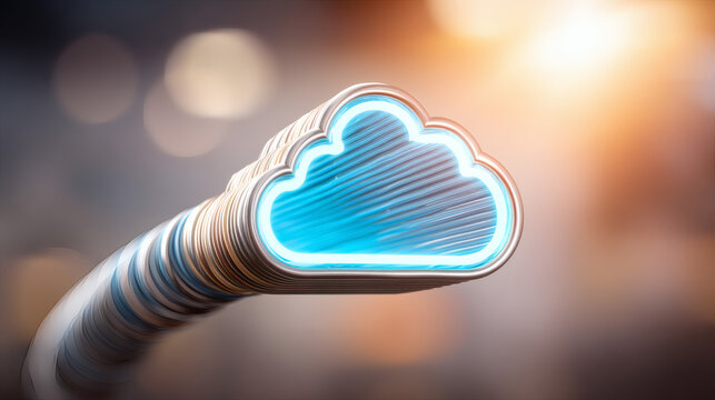 macro photograph of fiber optic cables glowing in blue and cyan tones. A luminous cloud computing icon glows at the end of the stream. Soft sunlight flares from top-left. Blurred bokeh background 