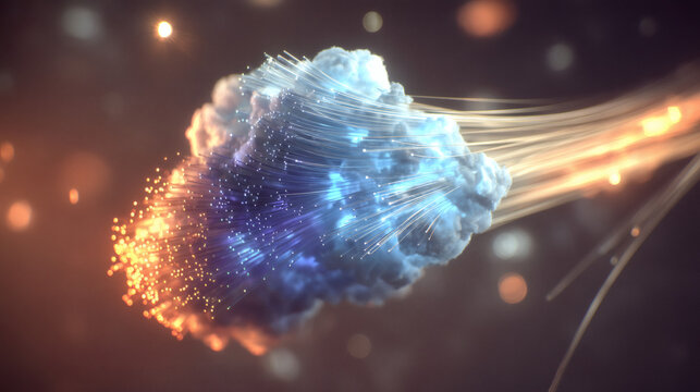 macro photograph of fiber optic cables glowing in blue and cyan tones. A luminous cloud computing icon glows at the end of the stream. Soft sunlight flares from top-left. Blurred bokeh background 