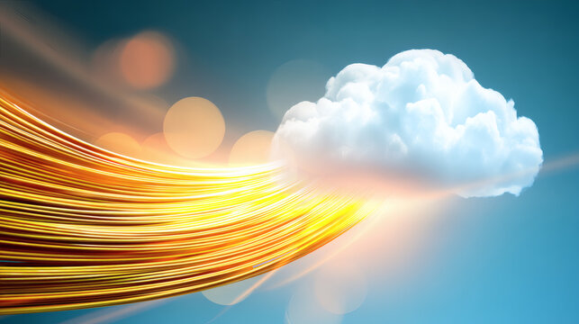 detail cinematic macro image of fiber optic cable cluster glowing intensely, cables guide eye toward radiant cloud computing icon representing data modernization, circuit like luminous paths 