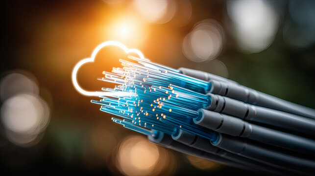 macro cinematic shot of fiber optic cables glowing in blue and cyan. A glowing cloud computing icon appears at the end. Soft sunlight flares from top-left. Background blurred with warm bokeh 