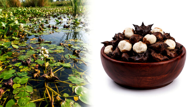 Water chestnut in bowl with pond, also known in india as singhara, singara, trapa natans use as fasting food in India during Hindu religion festival Navratri, Ekadashi, Diwali, Shivratri, Janmastami,