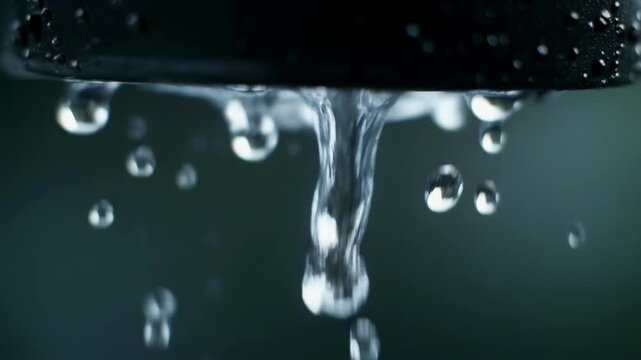 Water droplets falling from a dark surface with cinematic motion and macro detail in a deep blue background