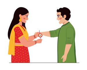 Fototapeta premium Raksha Bandhan, Sister is tying Rakhi on her brother's wrist, Rakhi celebration in india vector illustration
