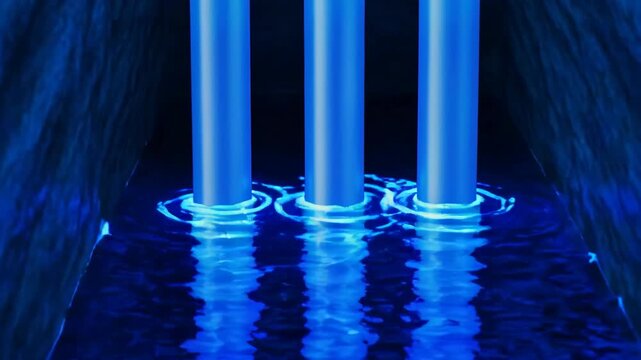 Water flowing through pipes underground with a building above during daylight