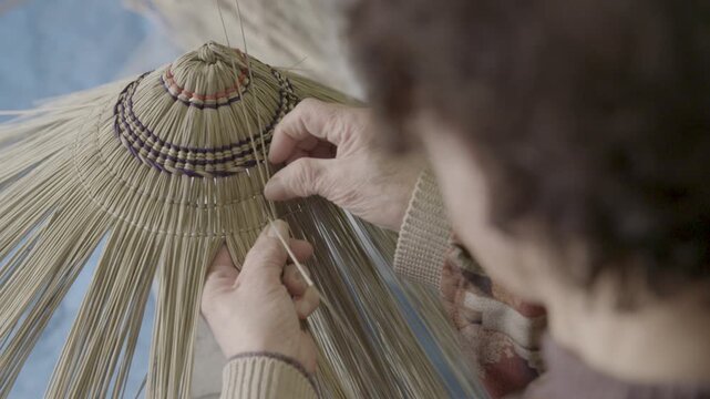 Hands Weaving Traditional Bon Odori Hat in Ugo Town Akita Prefecture J