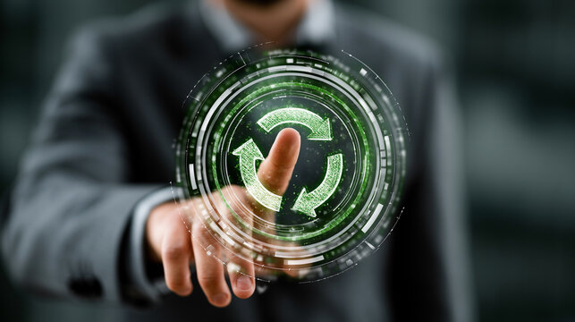 Businessman touches a circular green refresh icon displayed on a sophisticated virtual interface to optimize workflow efficiency and digital system performance.